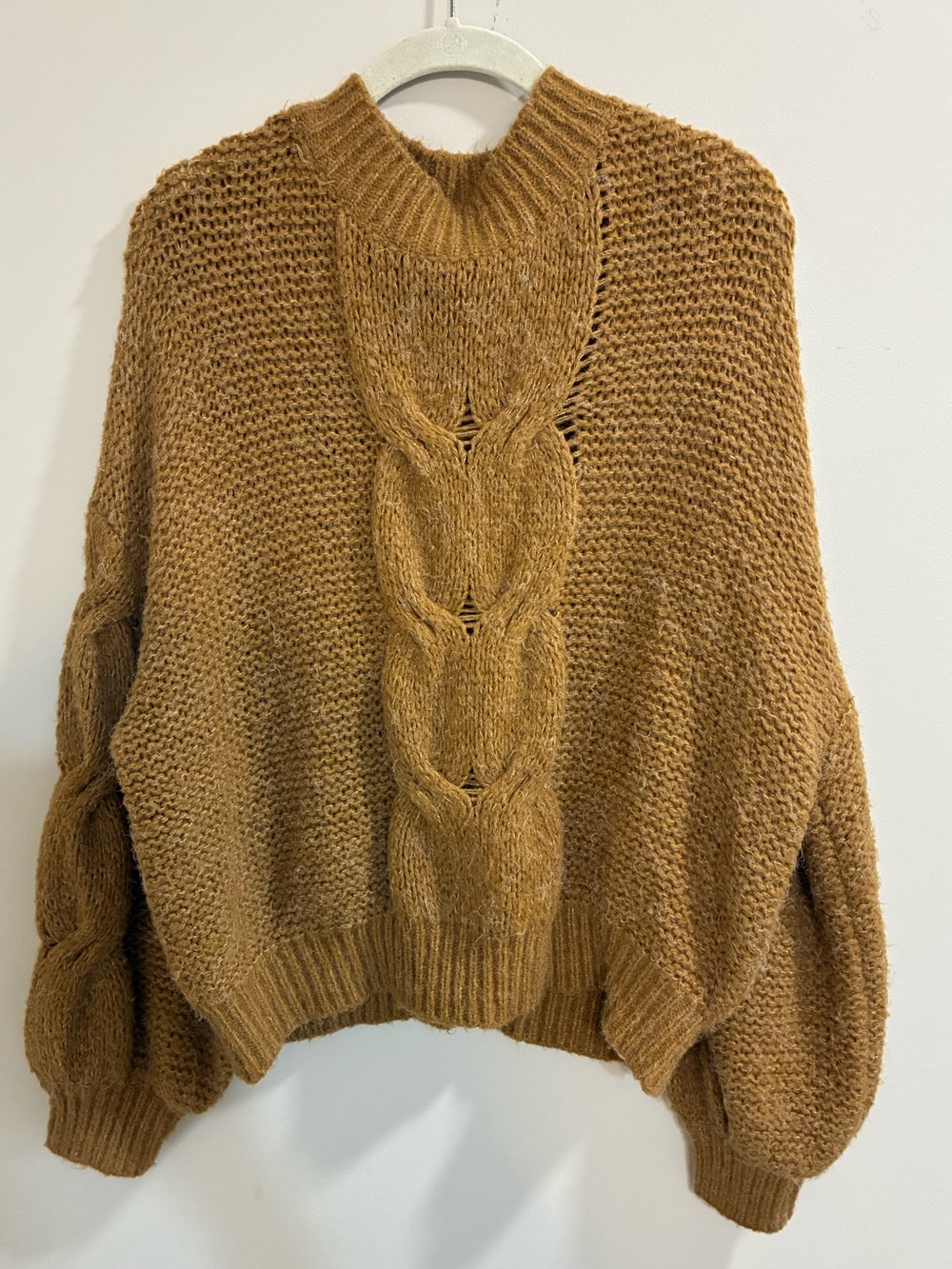 Cozy Cable-Front Turtleneck Sweater in Mustard Brown
